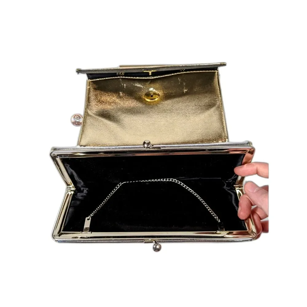2 Vintage Purse Metallic Gold Silver Lame Convertible Clutch Evening Bag 1960s